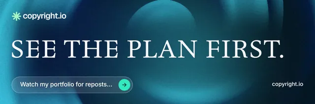X header for copyright.io: "See the plan first." Agentic glass style, poster layout, dark palette in black, blue, teal.