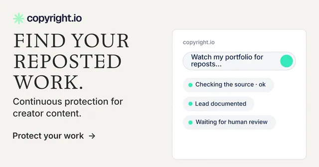 Social ad for copyright.io: "Find your reposted work." Minimal luxury style, bottom layout, light palette in white, grey.