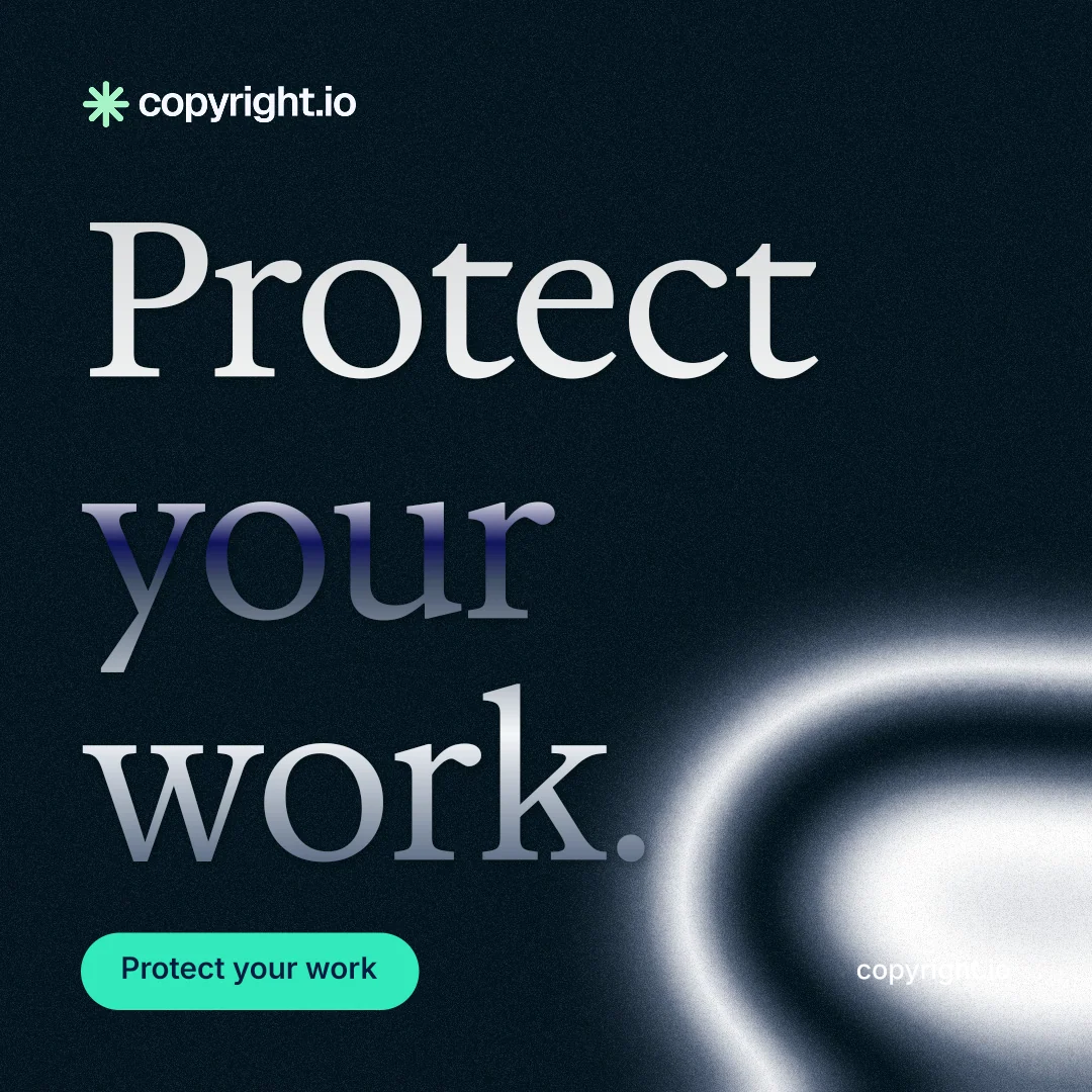 Instagram post for copyright.io: "Protect your work." Y2K style, poster layout, dark palette in black, blue, teal.