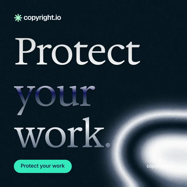 Instagram post for copyright.io: "Protect your work." Y2K style, poster layout, dark palette in black, blue, teal.