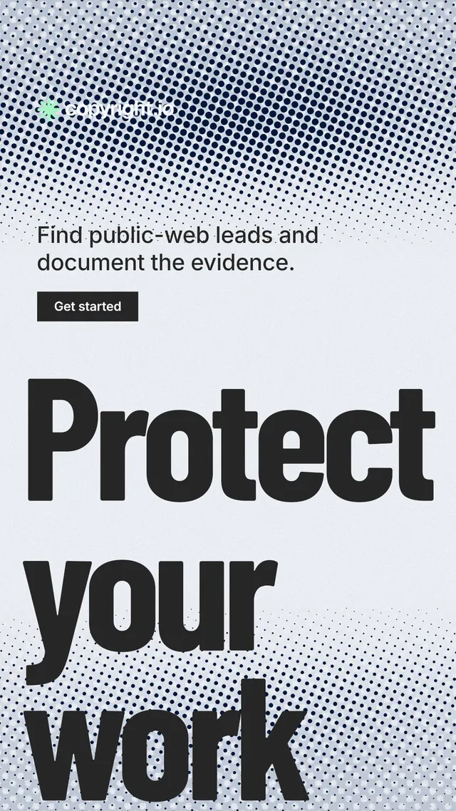 Instagram story for copyright.io: "Continuous protection for creators." Retro print style, oversized layout, light palette in grey, white.