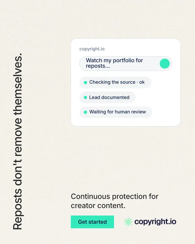 Instagram portrait post for copyright.io: "Reposts don't remove themselves." Swiss style, vertical layout, light palette in white, grey.