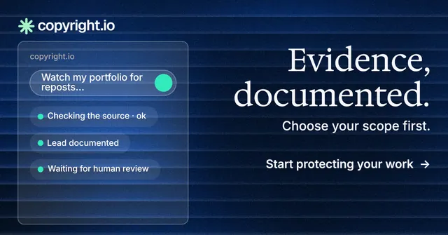 Social ad for copyright.io: "Evidence, documented." Minimal luxury style, right layout, dark palette in blue, black.
