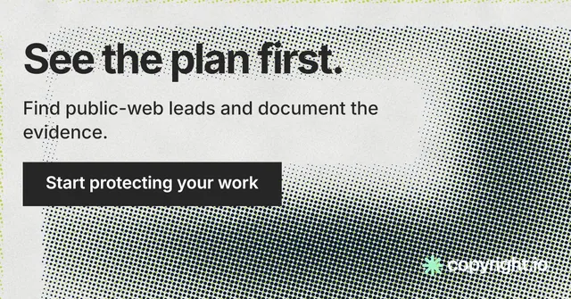 Social ad for copyright.io: "See the plan first." Swiss style, skeleton layout, light palette in grey, white.