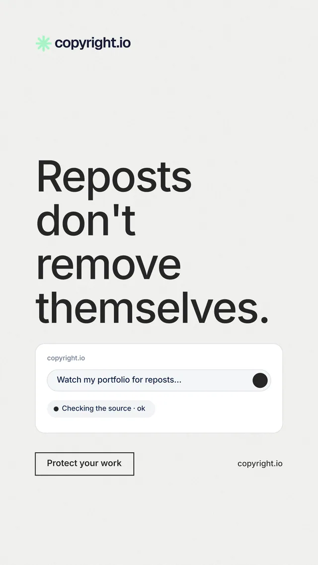 Instagram story for copyright.io: "Reposts don't remove themselves." Editorial style, poster layout, light palette in white.