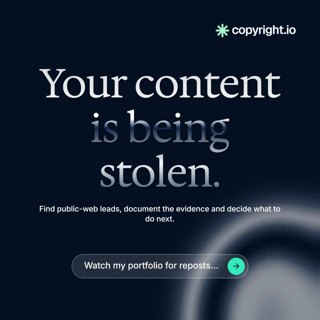 Instagram post for copyright.io: "Your content is being stolen." Agentic glass style, centred layout, dark palette in black, grey, blue.