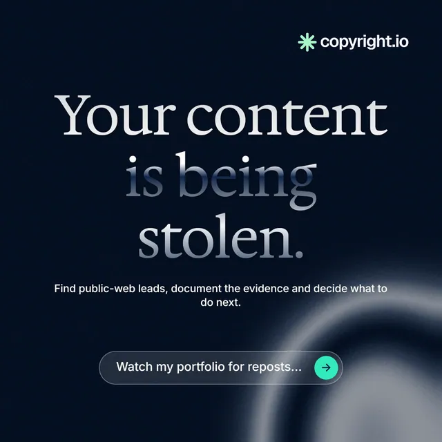 Instagram post for copyright.io: "Your content is being stolen." Agentic glass style, centred layout, dark palette in black, grey, blue.