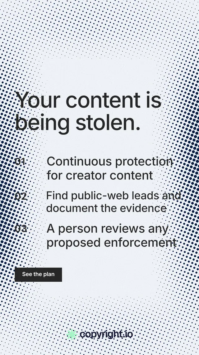 Instagram story for copyright.io: "Your content is being stolen." Swiss style, numbered layout, light palette in blue, white, grey.