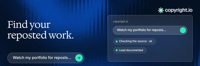 X header for copyright.io: "Find your reposted work." Agentic glass style, bottom layout, dark palette in blue, black.