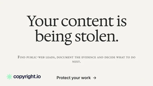 Landscape graphic for copyright.io: "Your content is being stolen." Swiss style, smallcaps layout, light palette in white, grey.