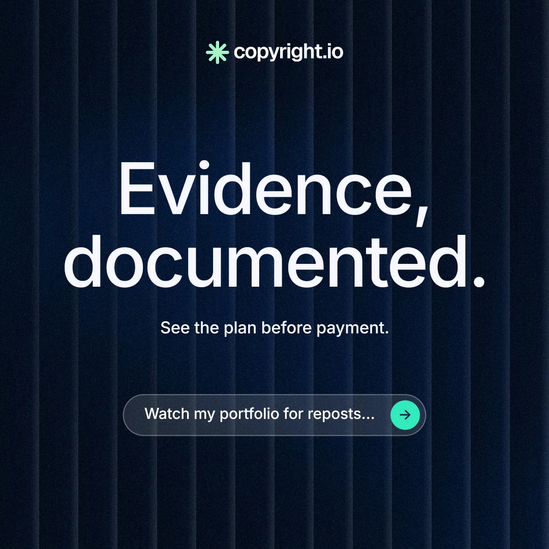 Instagram post for copyright.io: "Evidence, documented." Agentic glass style, centred layout, dark palette in black, blue, grey.