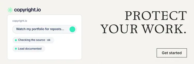 X header for copyright.io: "Protect your work." Editorial style, right layout, light palette in white, grey.