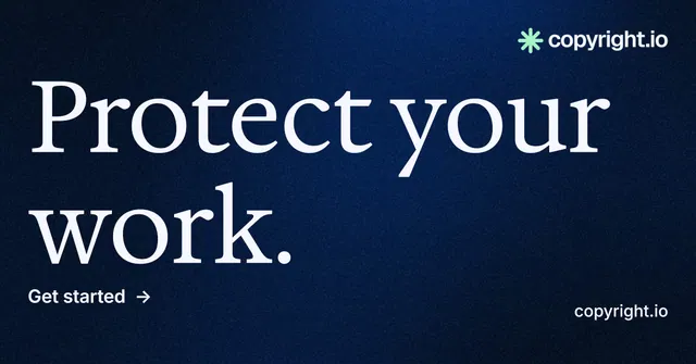 Social ad for copyright.io: "Protect your work." Minimal luxury style, poster layout, dark palette in blue, black.