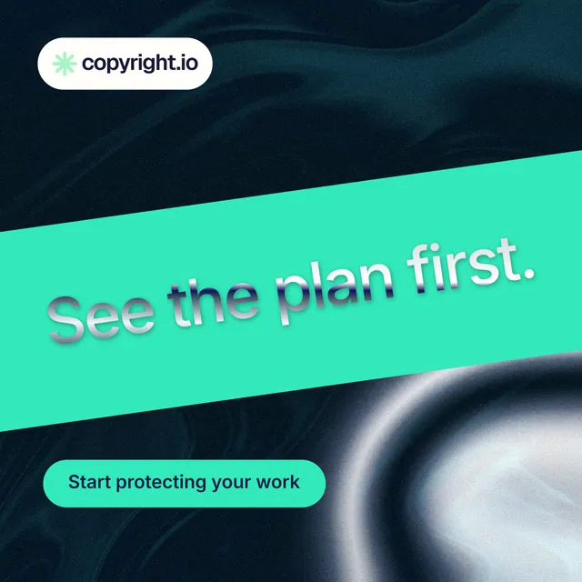 Instagram post for copyright.io: "See the plan first." Y2K style, diagonal layout, dark palette in black, teal, blue.