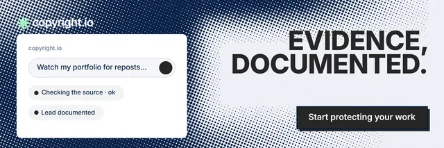 X header for copyright.io: "Evidence, documented." Brutalist style, right layout, light palette in blue, grey, white.