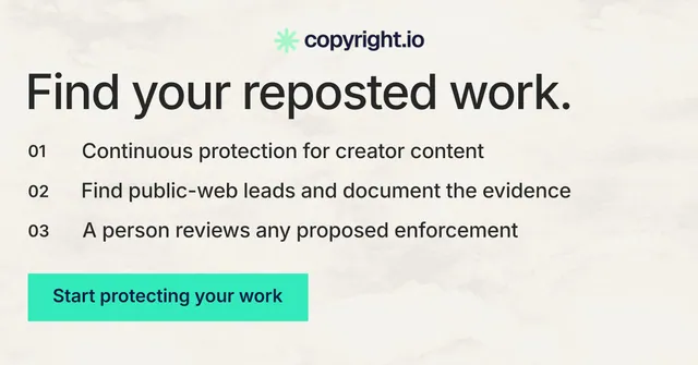 Social ad for copyright.io: "Find your reposted work." Swiss style, numbered layout, light palette in white, grey, green.