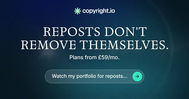 Social ad for copyright.io: "Reposts don't remove themselves." Agentic glass style, centred layout, dark palette in black, blue, grey.