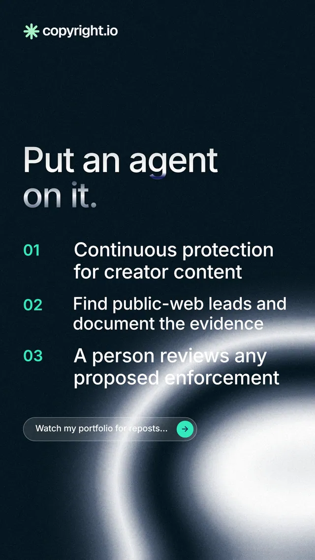Instagram story for copyright.io: "Put an agent on it." Agentic glass style, numbered layout, dark palette in black, grey, blue.