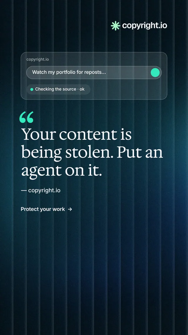 Instagram story for copyright.io: "Protect your work." Minimal luxury style, quote layout, dark palette in blue, black.