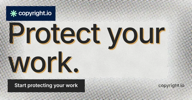 Social ad for copyright.io: "Protect your work." Swiss style, poster layout, light palette in grey, white.