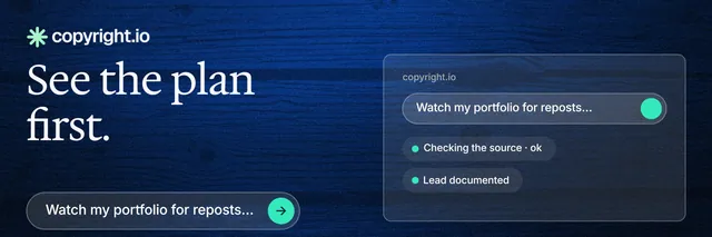 X header for copyright.io: "See the plan first." Agentic glass style, bottom layout, dark palette in blue, black.