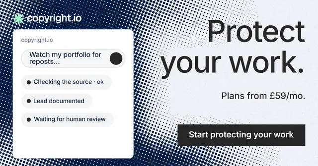 Social ad for copyright.io: "Protect your work." Swiss style, right layout, light palette in white, blue, grey.
