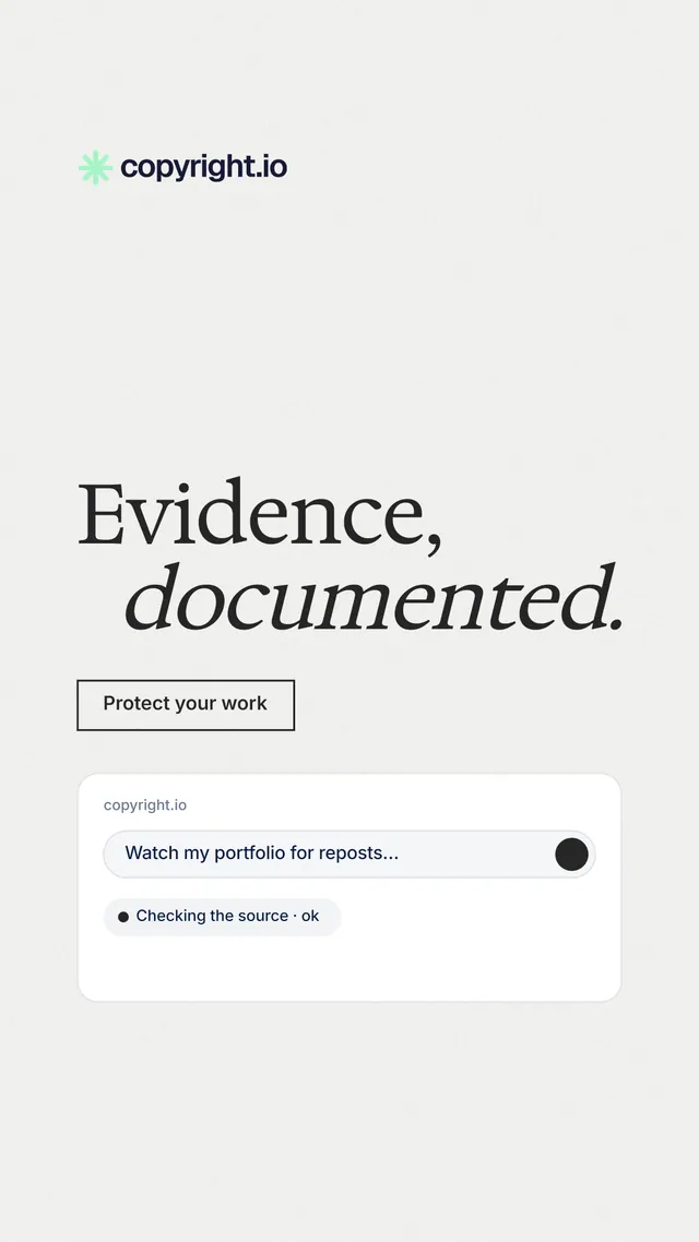 Instagram story for copyright.io: "Evidence, documented." Editorial style, stacked layout, light palette in white.
