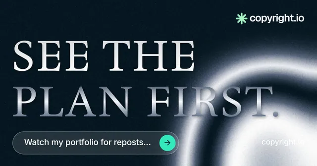 Social ad for copyright.io: "See the plan first." Agentic glass style, poster layout, dark palette in black, blue, grey.