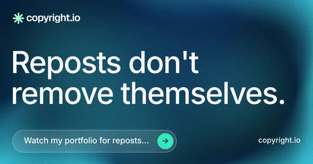 Social ad for copyright.io: "Reposts don't remove themselves." Agentic glass style, poster layout, dark palette in blue, teal.