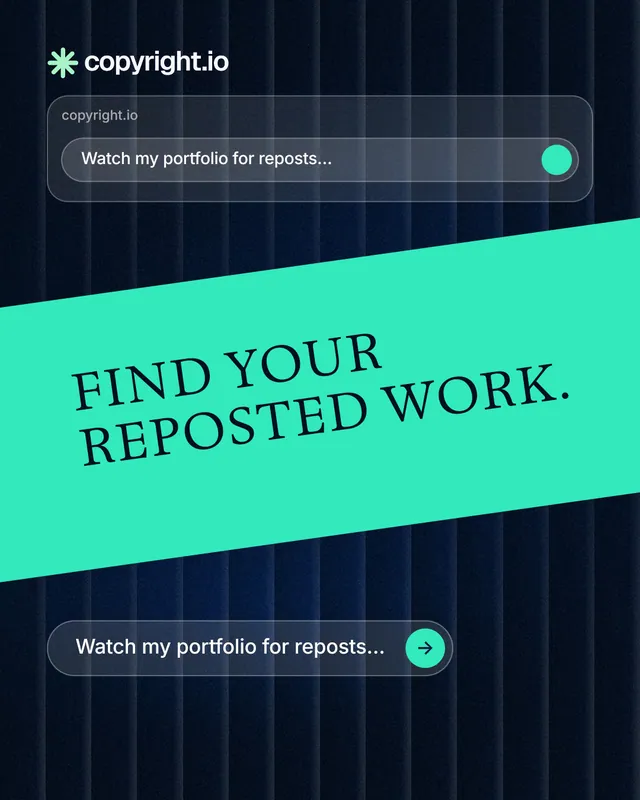 Instagram portrait post for copyright.io: "Find your reposted work." Agentic glass style, diagonal layout, dark palette in teal, black, blue.