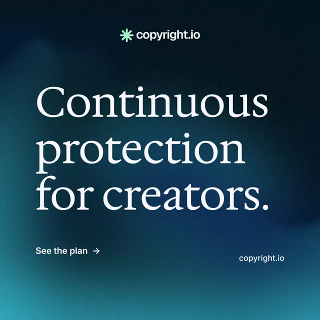 Instagram post for copyright.io: "Continuous protection for creators." Minimal luxury style, poster layout, dark palette in black, blue, teal.