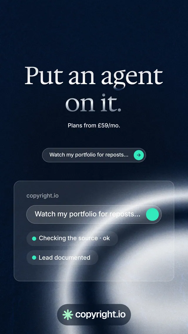 Instagram story for copyright.io: "Put an agent on it." Agentic glass style, centred layout, dark palette in black, blue, grey.