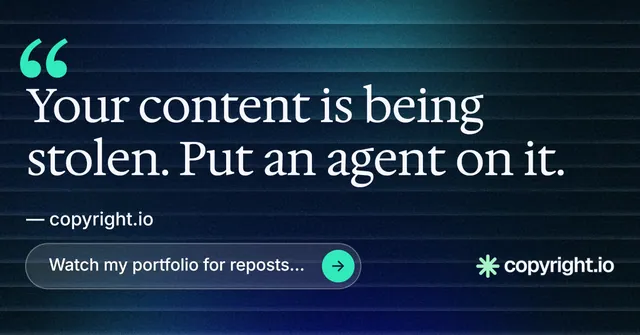 Social ad for copyright.io: "Protect your work." Agentic glass style, quote layout, dark palette in blue, black.