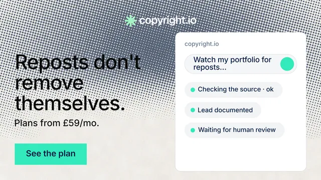Landscape graphic for copyright.io: "Reposts don't remove themselves." Retro print style, bottom layout, light palette in grey, green, white.