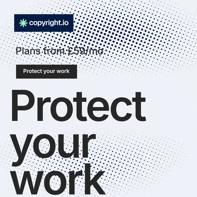 Instagram post for copyright.io: "Protect your work." Retro print style, oversized layout, light palette in white, grey.