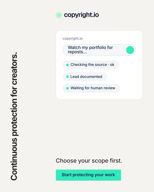 Instagram portrait post for copyright.io: "Continuous protection for creators." Swiss style, vertical layout, light palette in white, teal.