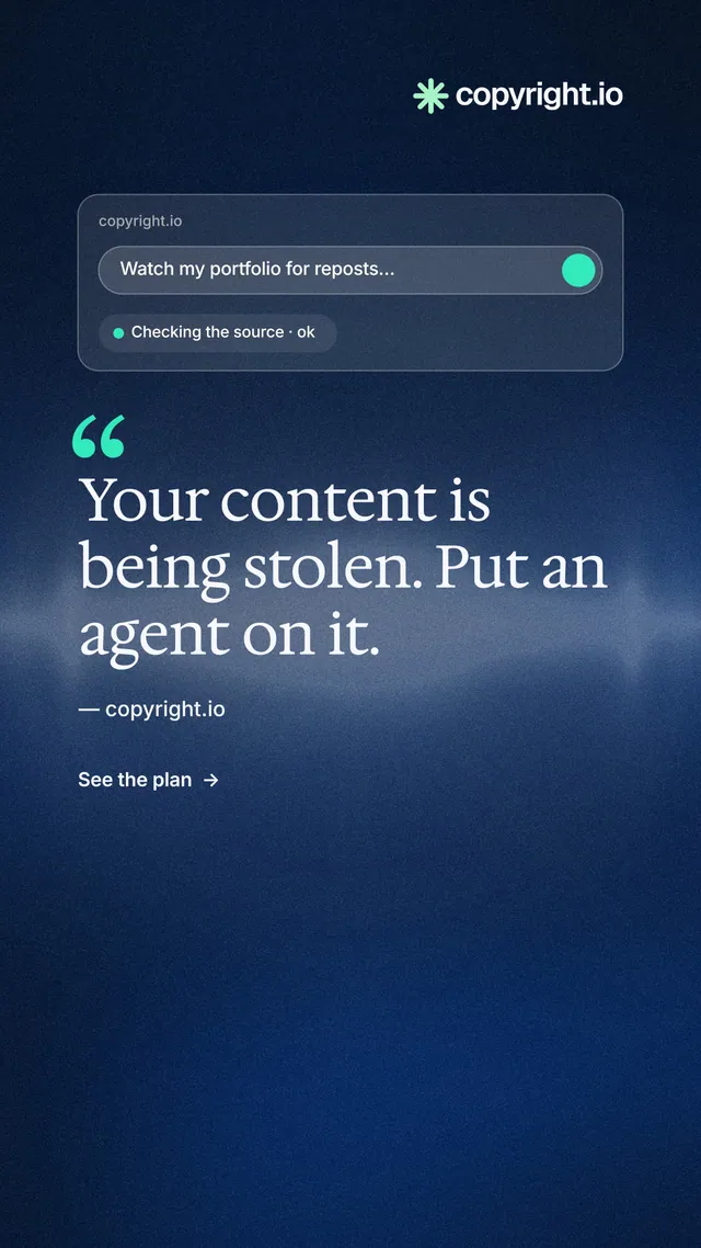 Instagram story for copyright.io: "Find your reposted work." Minimal luxury style, quote layout, dark palette in blue, black.