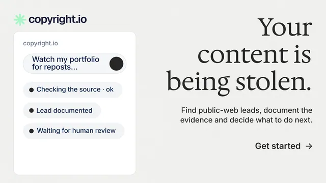 Landscape graphic for copyright.io: "Your content is being stolen." Minimal luxury style, right layout, light palette in white, grey.