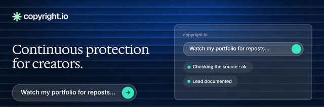 X header for copyright.io: "Continuous protection for creators." Agentic glass style, bottom layout, dark palette in blue, black.