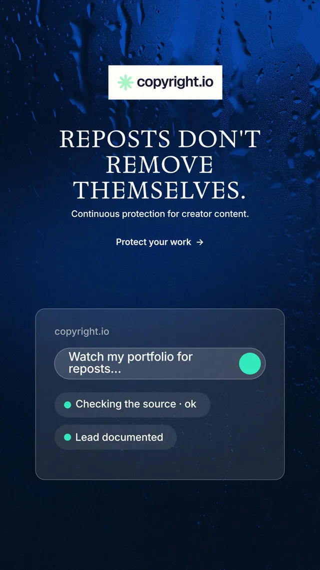 Instagram story for copyright.io: "Reposts don't remove themselves." Minimal luxury style, centred layout, dark palette in black, blue, grey.