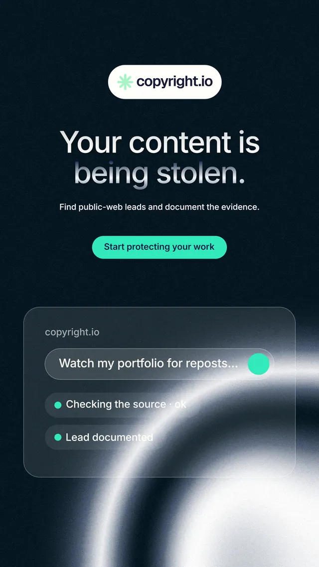 Instagram story for copyright.io: "Your content is being stolen." Y2K style, centred layout, dark palette in black, blue, grey.