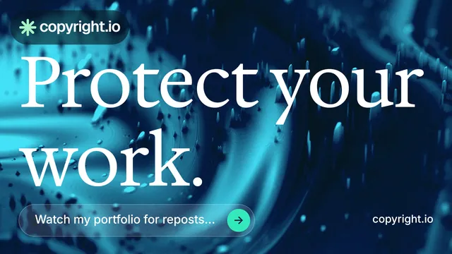 Landscape graphic for copyright.io: "Protect your work." Agentic glass style, poster layout, dark palette in blue, teal, black.