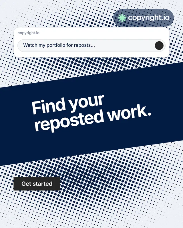 Instagram portrait post for copyright.io: "Find your reposted work." Swiss style, diagonal layout, light palette in white, blue, grey.