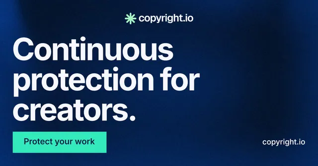 Social ad for copyright.io: "Continuous protection for creators." Swiss style, poster layout, dark palette in blue, black.