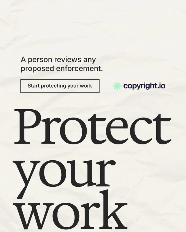 Instagram portrait post for copyright.io: "Reposts don't remove themselves." Editorial style, oversized layout, light palette in white, grey.