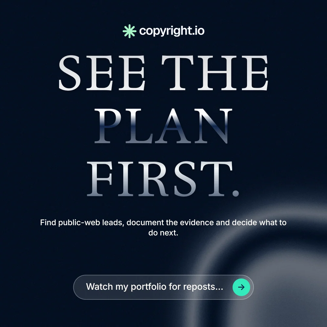 Instagram post for copyright.io: "See the plan first." Agentic glass style, centred layout, dark palette in black, grey.