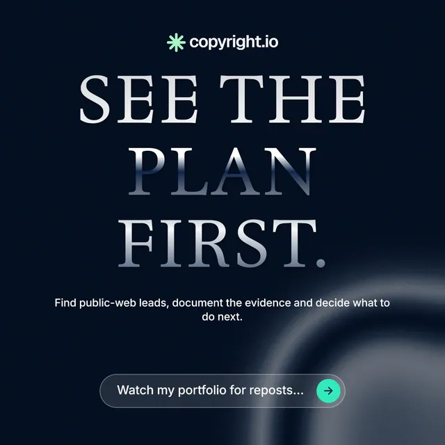 Instagram post for copyright.io: "See the plan first." Agentic glass style, centred layout, dark palette in black, grey.