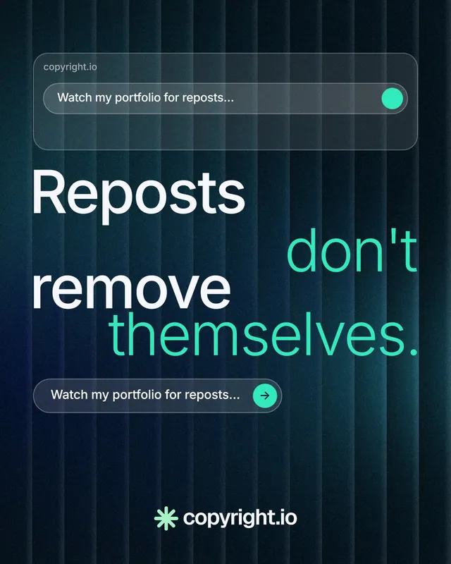 Instagram portrait post for copyright.io: "Reposts don't remove themselves." Agentic glass style, stacked layout, dark palette in black, blue, teal.