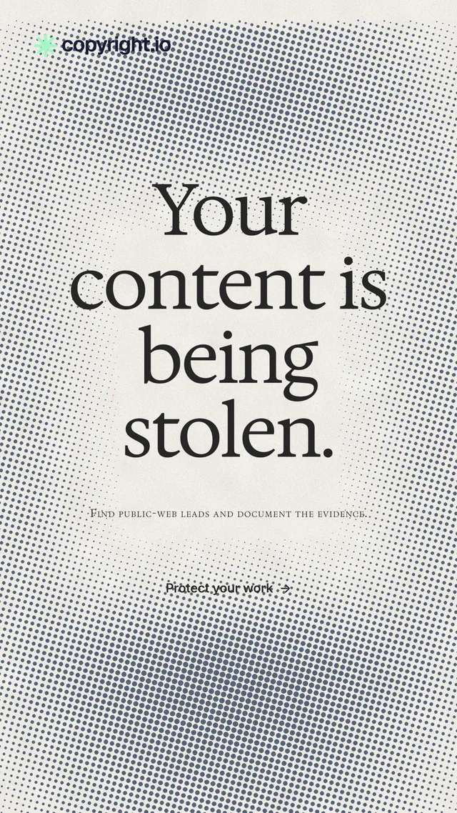 Instagram story for copyright.io: "Your content is being stolen." Swiss style, smallcaps layout, light palette in grey, white, yellow.