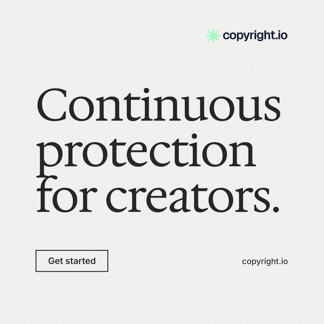 Instagram post for copyright.io: "Continuous protection for creators." Editorial style, poster layout, light palette in white, grey.